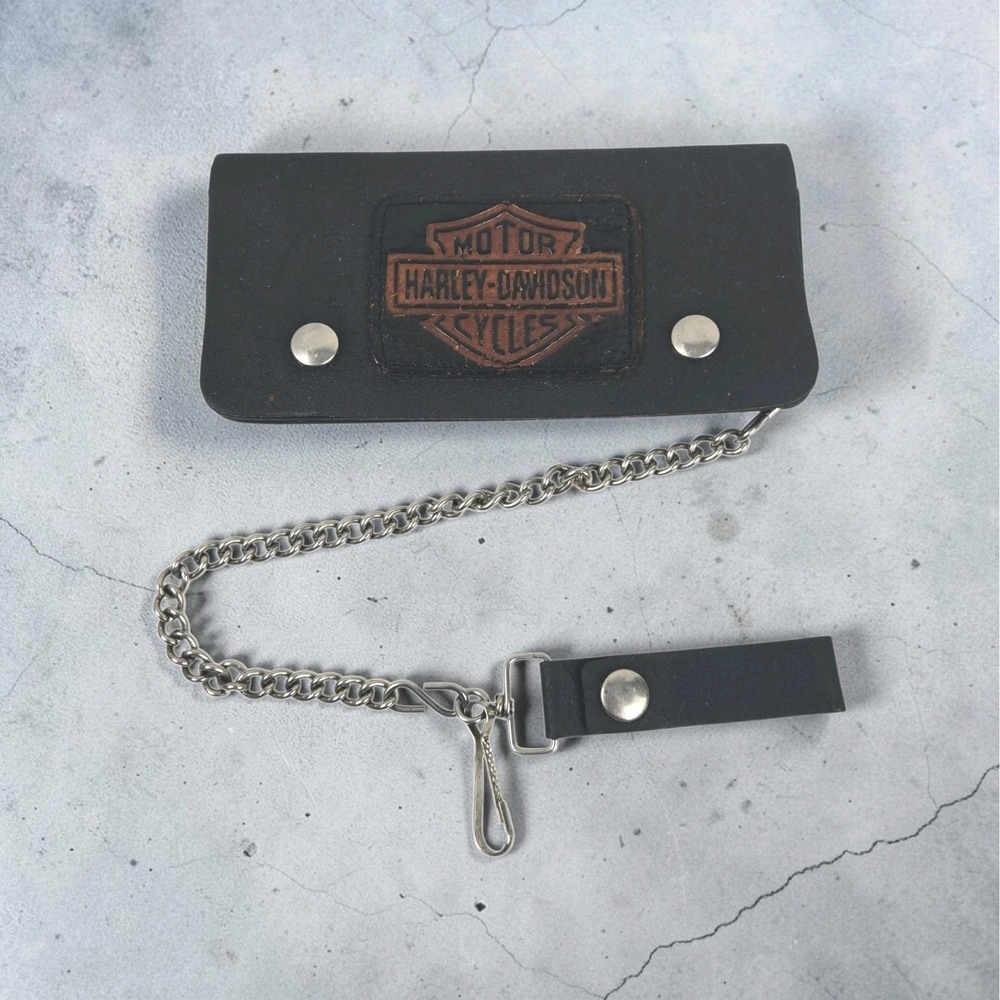 Vtg‎ 80s Harley Davidson Black Leather Wallet w Patch Logo & 12" Chain Biker USA